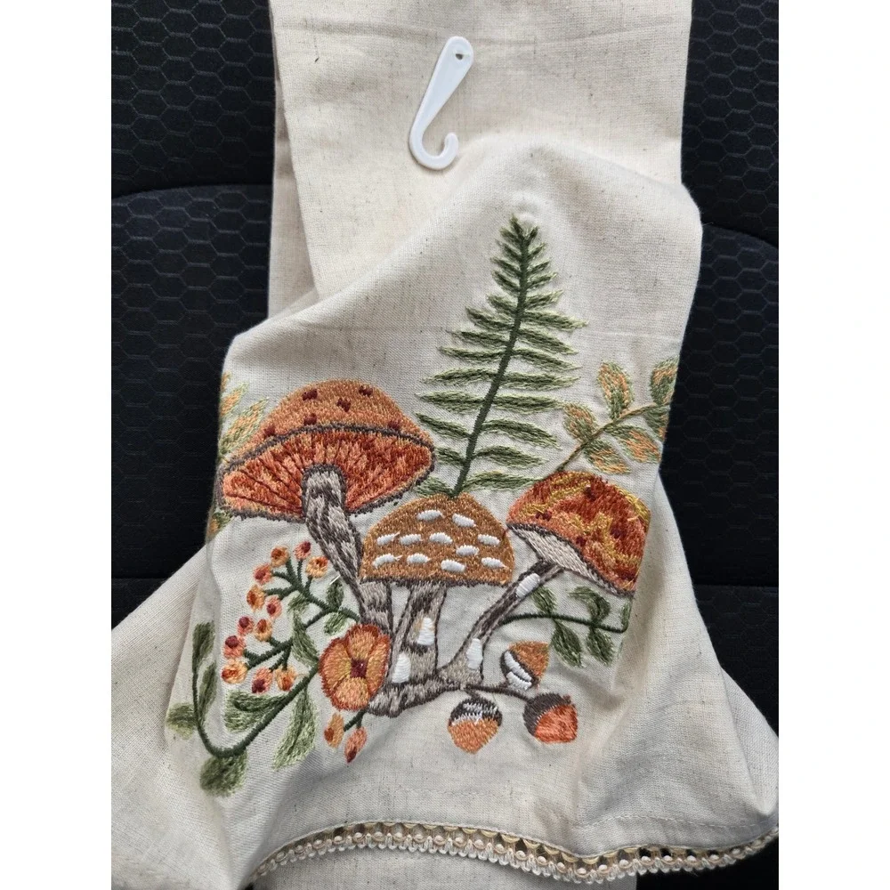World Market Mushroom Embroidered Tea Towel Cotton Linen Lace Trim Woodland